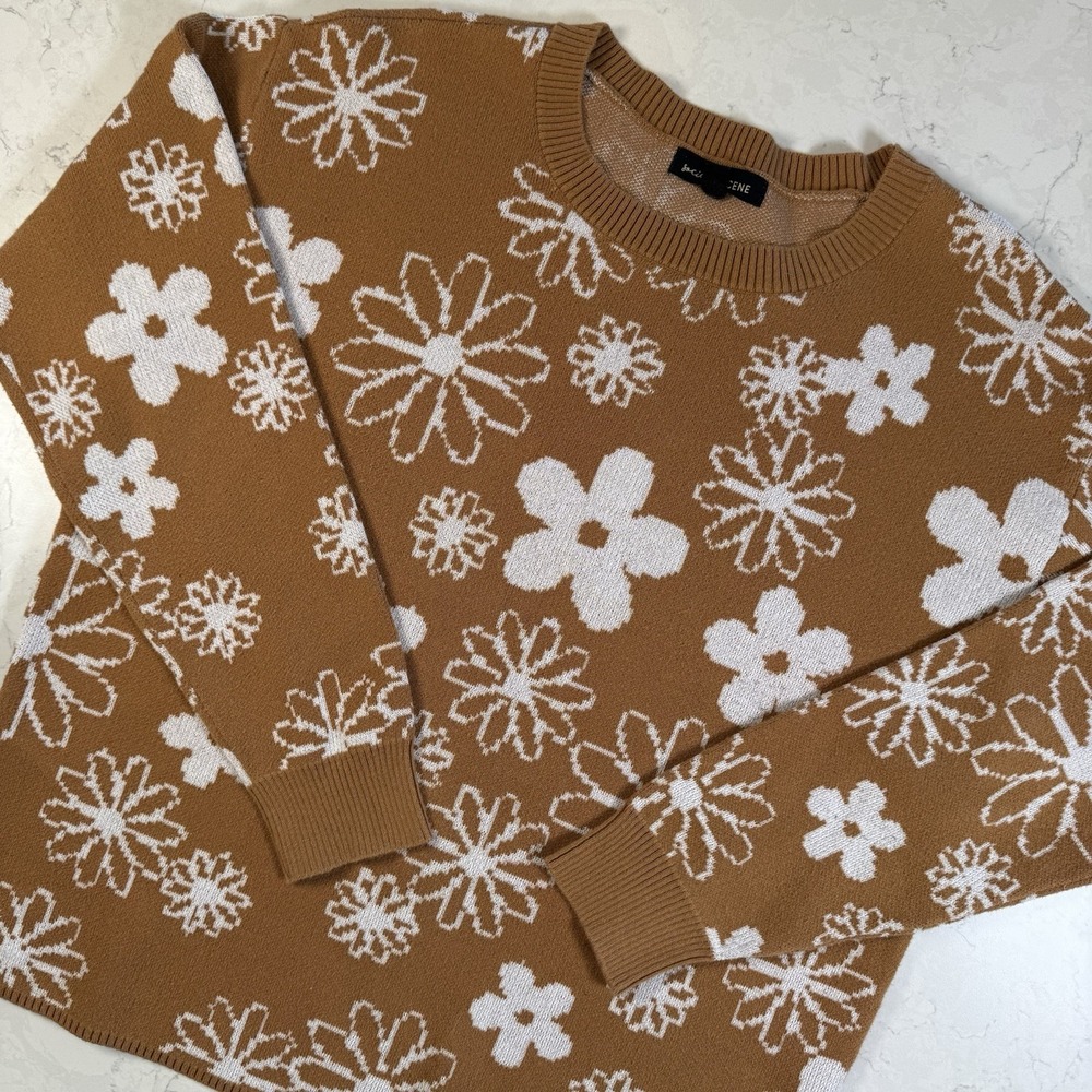 Social Scene Womens Floral Daisy  Sweater Long Sleeve Tan Cream Large Pullover